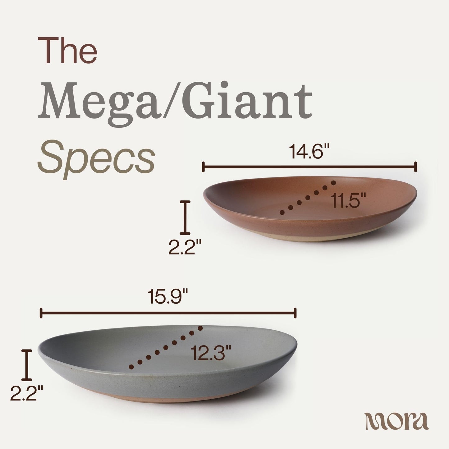 MORA Mega and Giant Serving Dishes Set of 2, 16 inch and 14 inch Ceramic Pottery Oval Platters - Microwave, Oven and Dishwasher Safe - Peppercorn & Terracotta