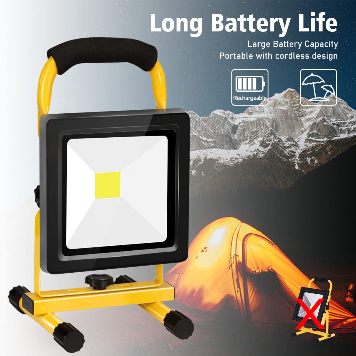 20W LED Rechargeable Work Light Super Bright 3000LM Portable Battery Floodlight Outdoor Battery Security Job Light IP65 Waterproof for Garage Garden Fishing Camping Car Repair BBQ
