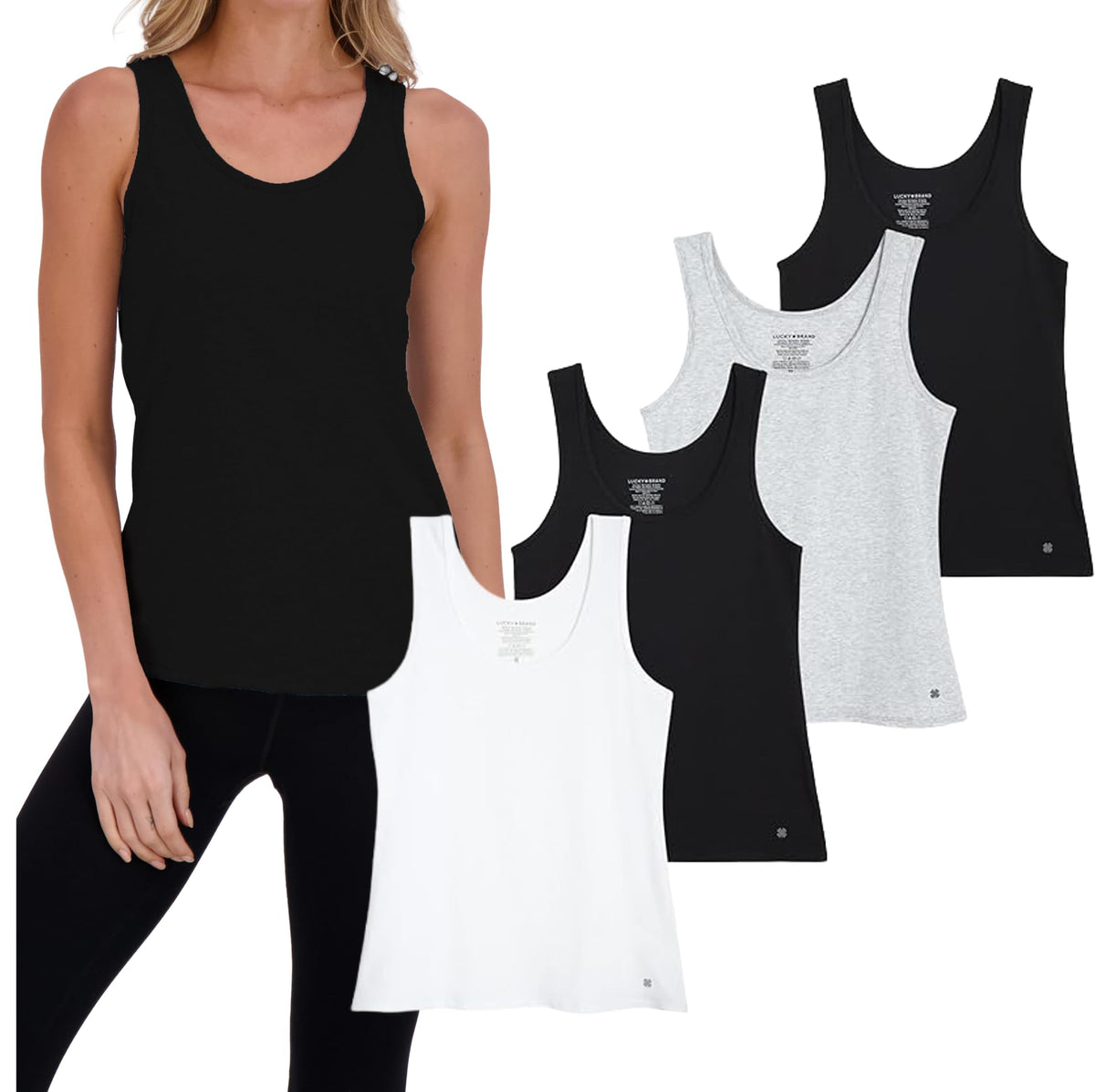 Lucky Brand Women's Tank Top - 4 Pack Stretch Cotton Scoop Neck Sleeveless T-Shirt (S-XL), Size Medium, Black/Grey/Black/White