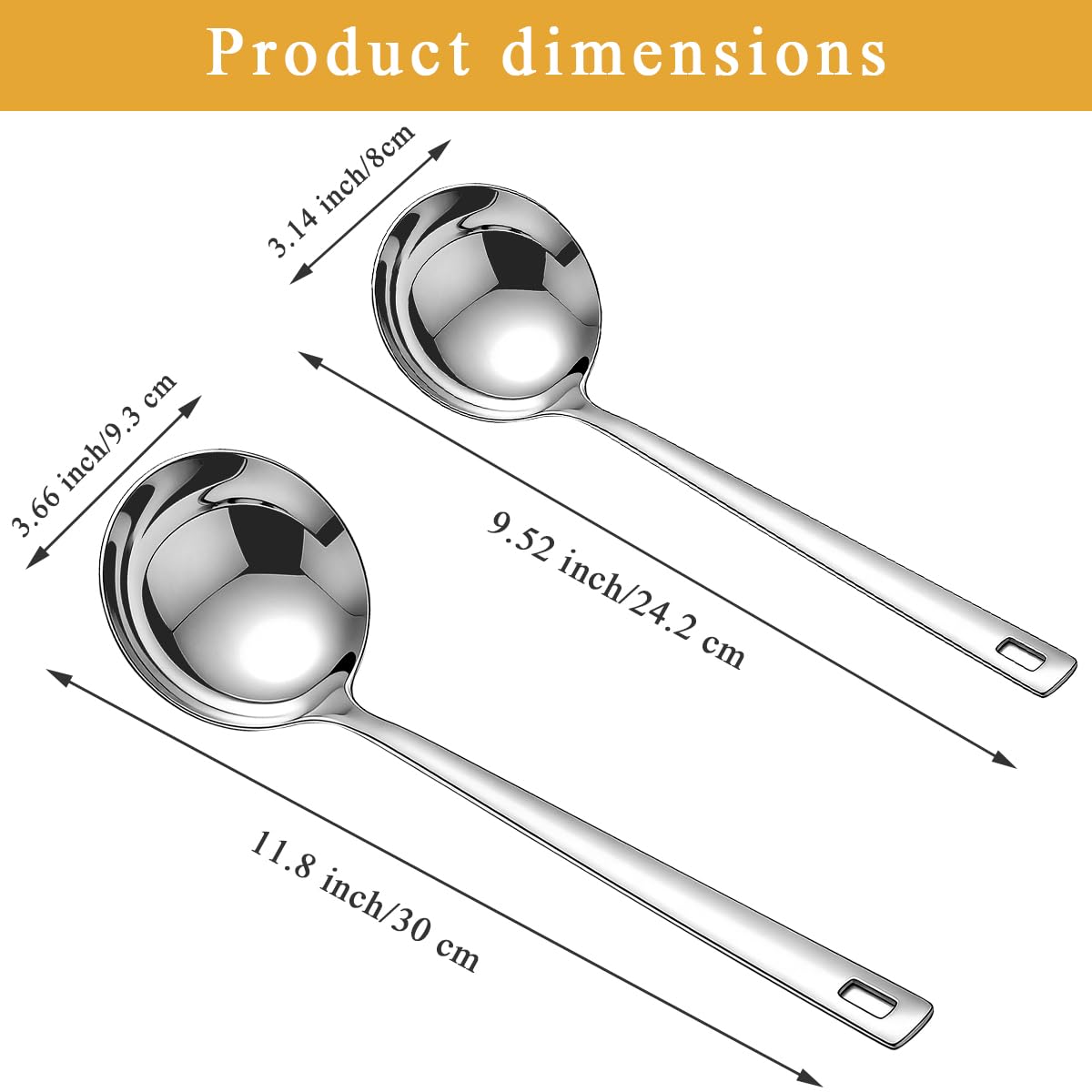 Kyraton 2 Piece Soup Ladle Set, 11.8" Large & 9.6" Small Stainless Steel Ladles, One-Piece Ergonomic Cooking Spoons, Dishwasher Safe Heavy Duty Serving Utensils for Home Kitchen Soup Sauce Noodle