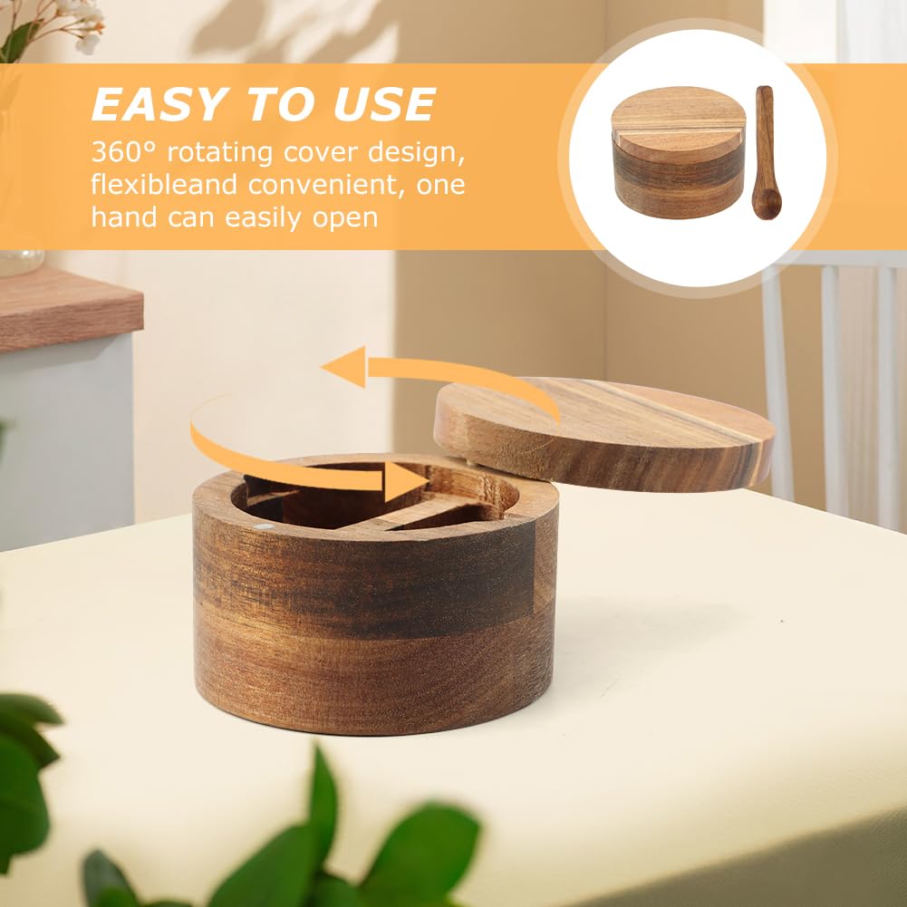 Saycker Wood Salt and Pepper Bowl, with Swivel Lid and Spoon Round Salt Container Spices Storage Box(4.06inchs)