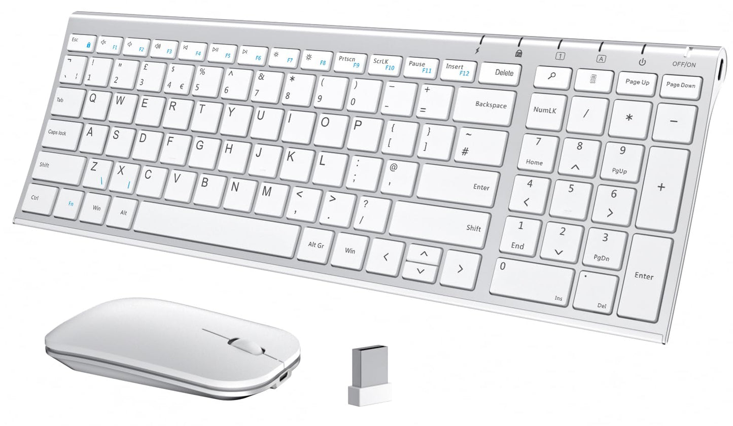 seenda WGJP-031B Wireless Keyboard Mouse Set, Ultra Thin Compact Rechargeable Aluminum Silent Computer Keyboard & Mouse Combo UK QWERTY Layout for Office, Home, Business, Silver White