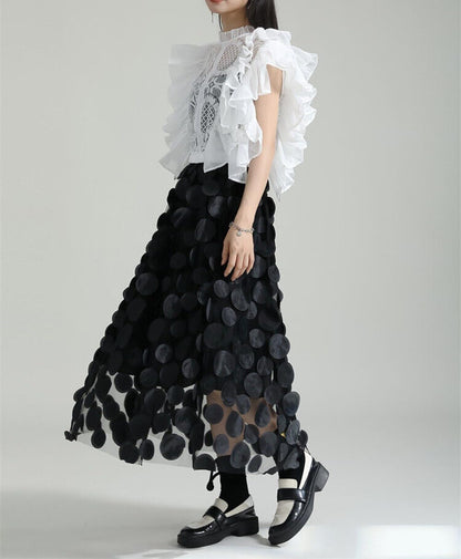 Tulle Skirt Women 3D Polka Dot Elastic Waist Mesh Flowy A-Line Midi Skirts Wedding Halloween Party Outfit (Black, One Size)