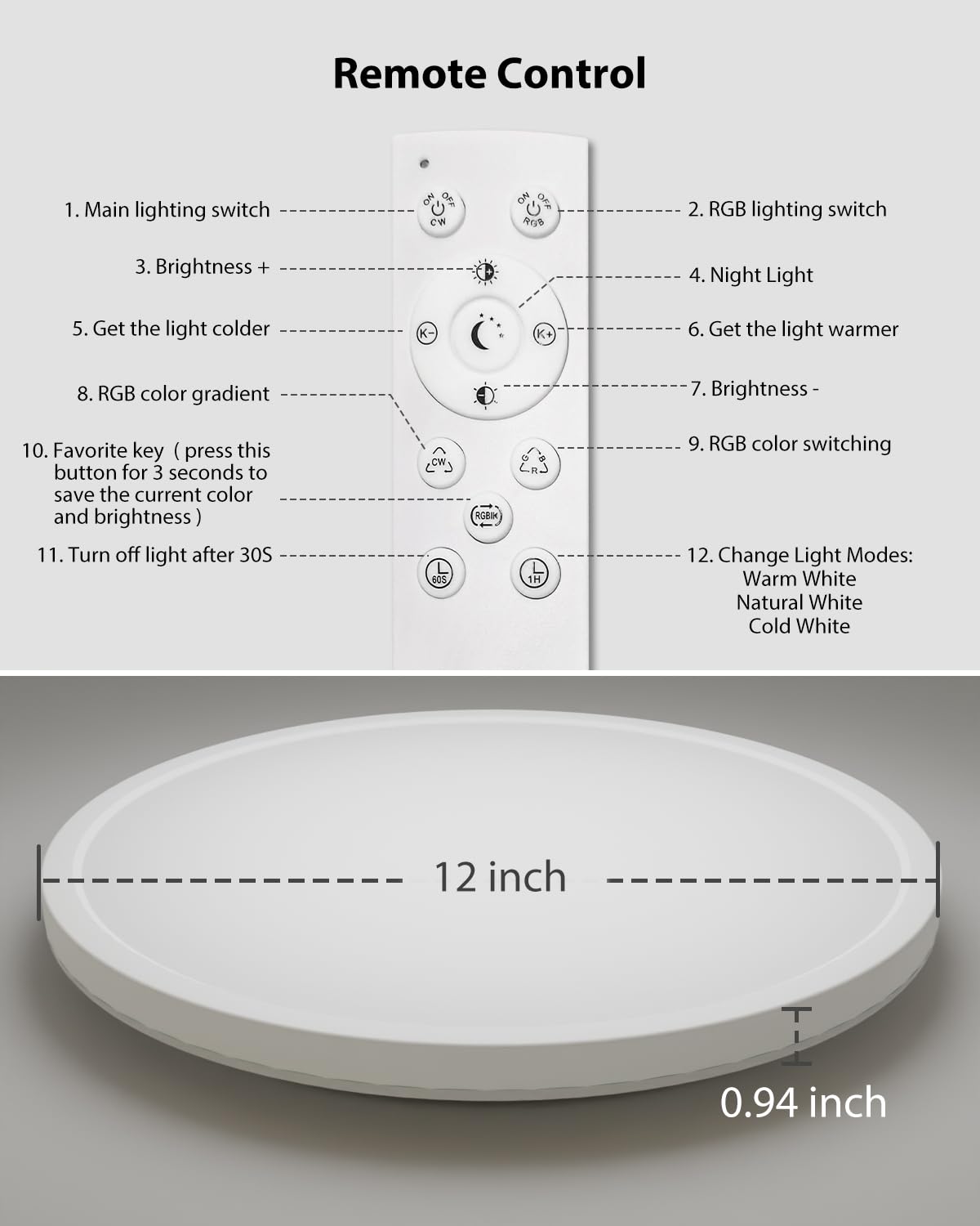 Peasur 30CM LED Ceiling Light 3000-6500K, 24W 3200LM Bathroom Light Dimmable with Remote Control, RGB Color Changing Backlight, Flush Round Ceiling Lights for Bedroom Kitchen Hallway