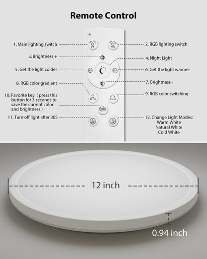 Peasur 30CM LED Ceiling Light 3000-6500K, 24W 3200LM Bathroom Light Dimmable with Remote Control, RGB Color Changing Backlight, Flush Round Ceiling Lights for Bedroom Kitchen Hallway