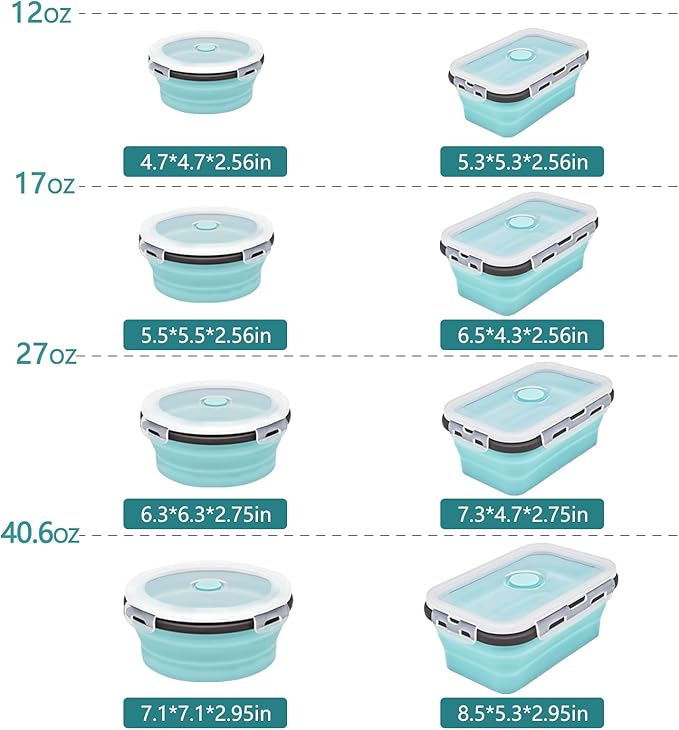 8 Collapsible Food Storage Containers, Silicone Collapsible Food Storage