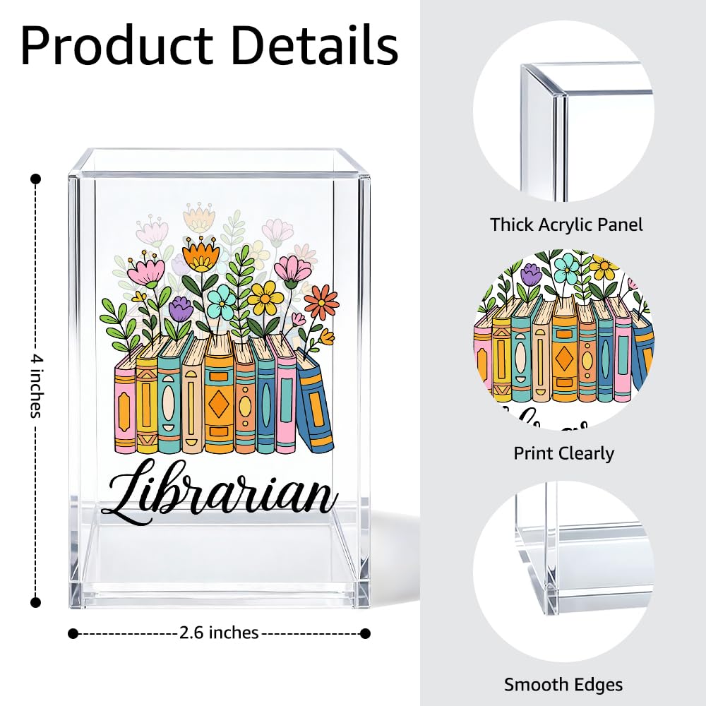 Gkodw Librarian Acrylic Pen Holder Cosmetic Organizer, Funny Pencil Pen Holder for Desk, Reading Nook Accessories for Library Lover Teacher, Librarian Day Appreciation Birthday Back To School Gifts