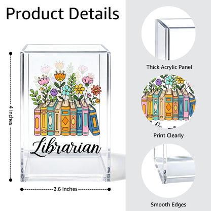 Gkodw Librarian Acrylic Pen Holder Cosmetic Organizer, Funny Pencil Pen Holder for Desk, Reading Nook Accessories for Library Lover Teacher, Librarian Day Appreciation Birthday Back To School Gifts