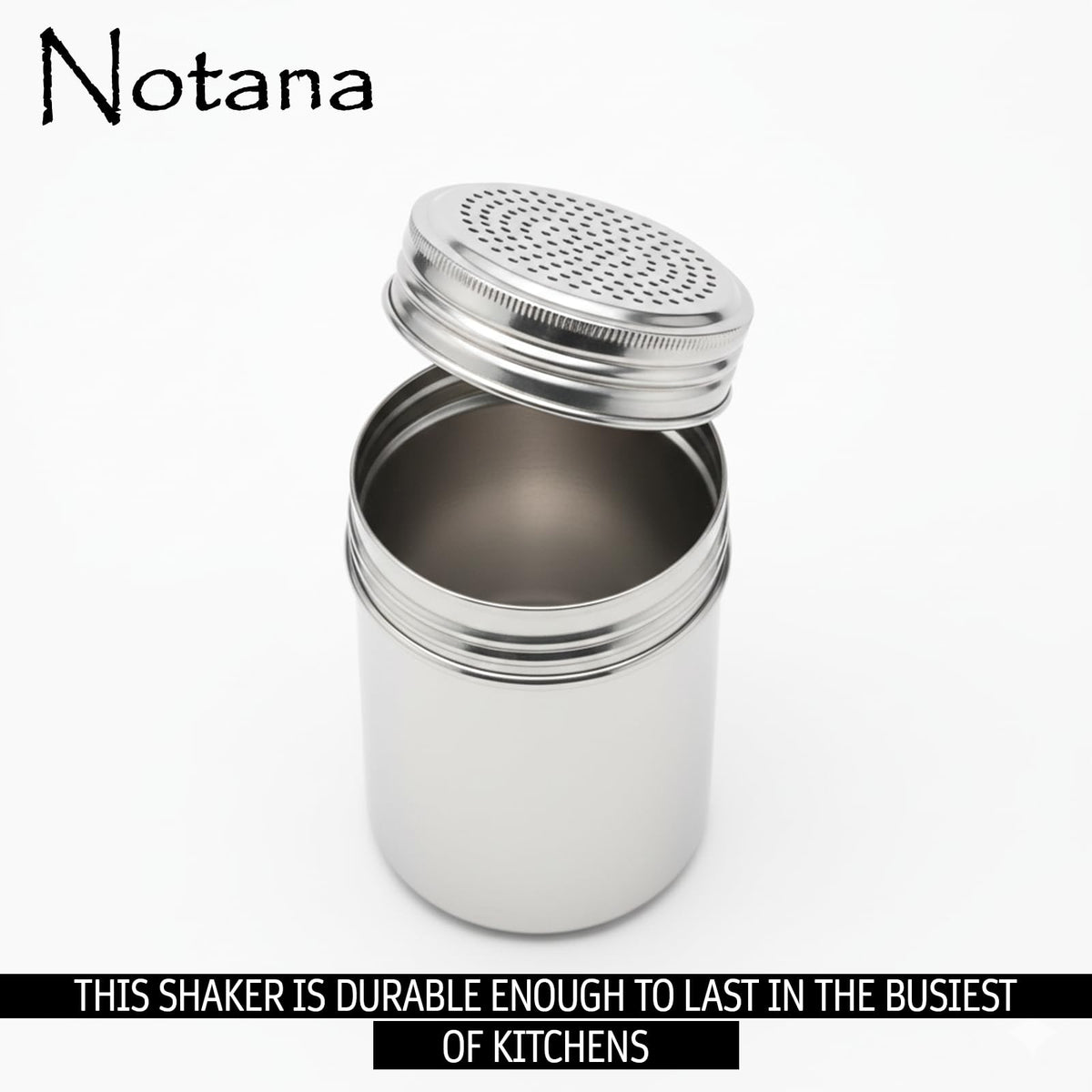 Notana 10 Ounce Stainless Steel Dredge Shaker (2 Pack) for Powder Sugar, Flour Duster for Baking, Seasoning Shaker with Lid, Metal Salt and Pepper Shakers, Cinnamon Sugar Shaker Dispenser for Kitchen