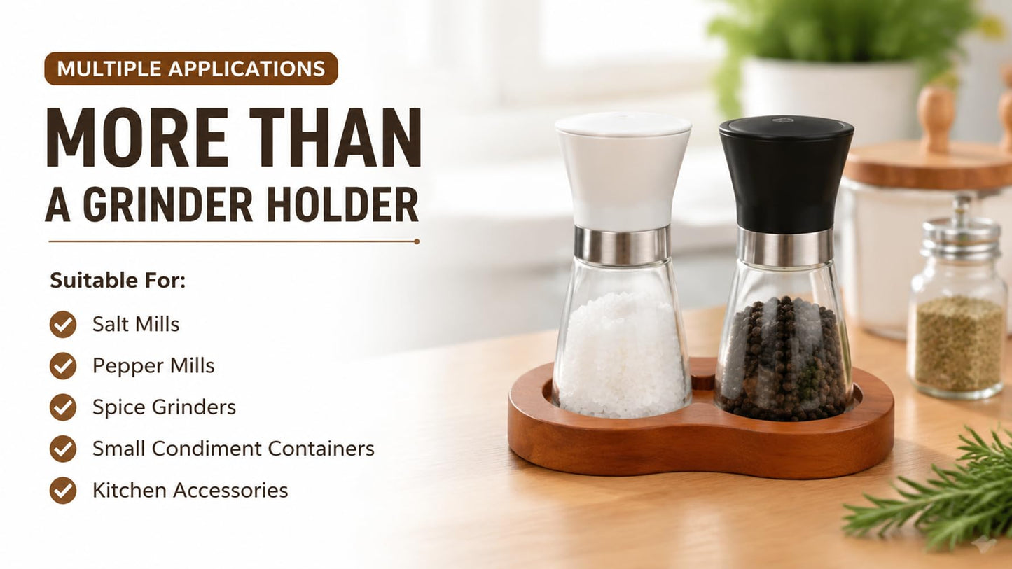 Wood Pepper Grinder Tray Salt and Pepper Mill Holder Rubberwood Stand Organizer for Kitchen Counter Dining Table Spice Grinder Base Storage