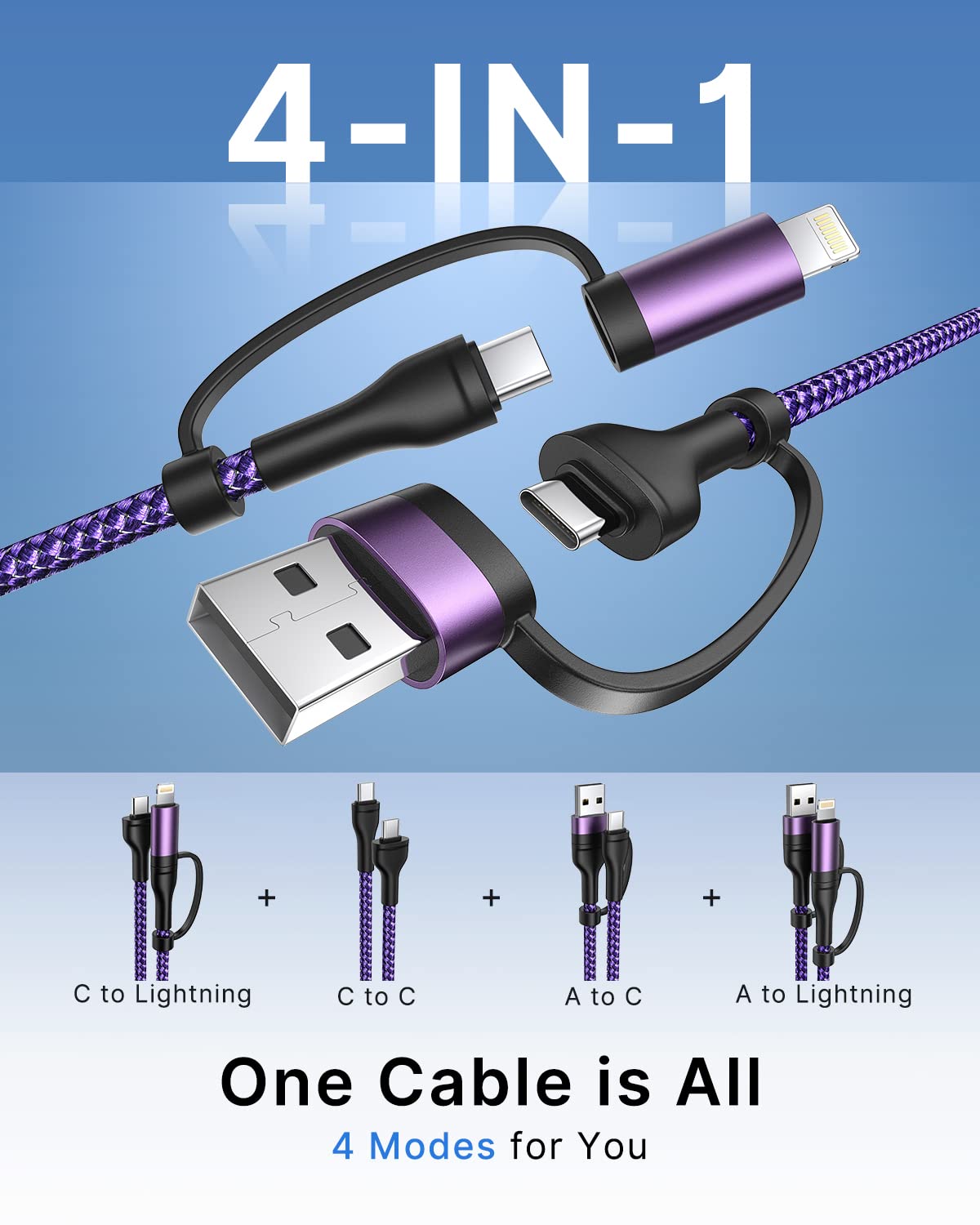 4 in 1 Charging Cable, USB C Lightning Adapter USB C to USB C 60W PD [Fast Charging & Data Sync] 4 in 1 Multi Charger for iPhone 16 15 14 13 12,MacBook Pro 2023 iPad mini 6/Pro,Samsung Galaxy S22 S21