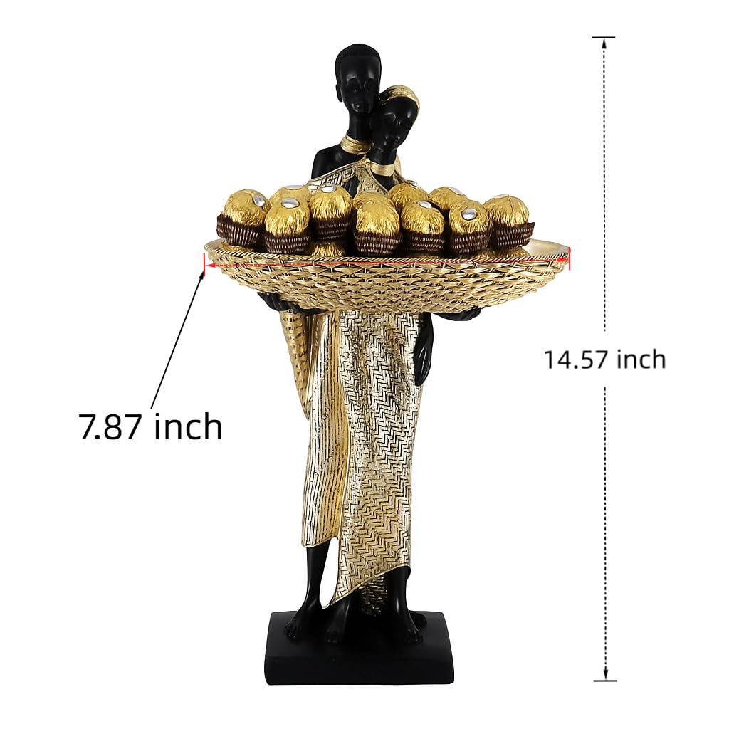 Dwelloria African Couple Resin Tray Sculpture – Black and Gold Decorative Bowl Statue for Entryway, Vanity, Coffee Table, Key Candy Jewelry Holder, Ethnic Art Home Decor Gift