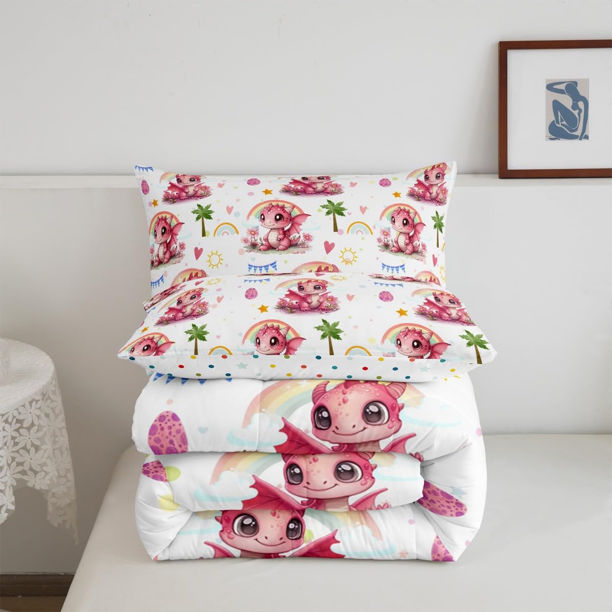 Girly Pink Dragon Bedding Comforter Sets Toddler,Cute Dragon Rainbow Cartoon Eggs Bedding Set for Bedroom Decoration,Rustic Coconut Tree Pink Hearts with 1 Comforter and 1 Pillow Case Bedroom Decor