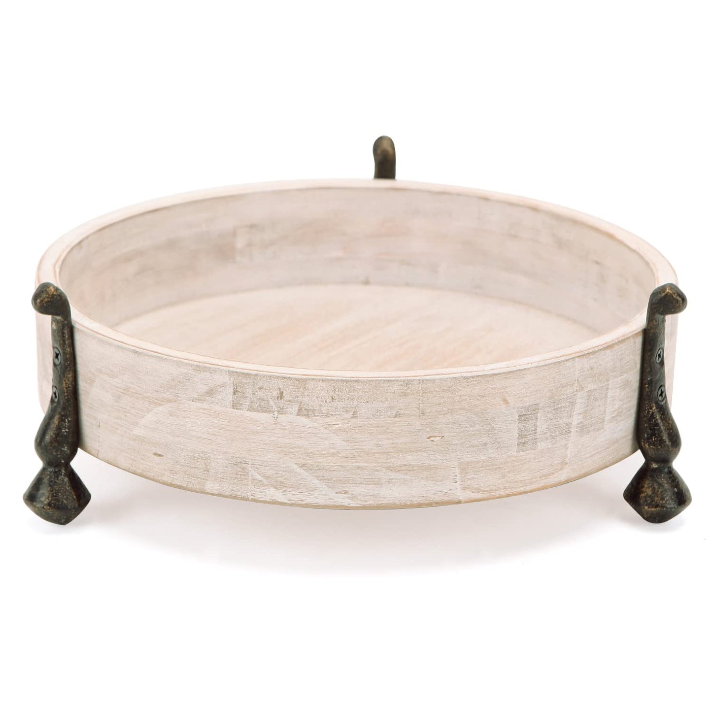 NIKKY HOME Round Wood Decorative Tray, 10 Inch Farmhouse Distressed Candle Tray, Centerpiece Decor for Coffee Bar, Kitchen Counter, Dining Room Table - White
