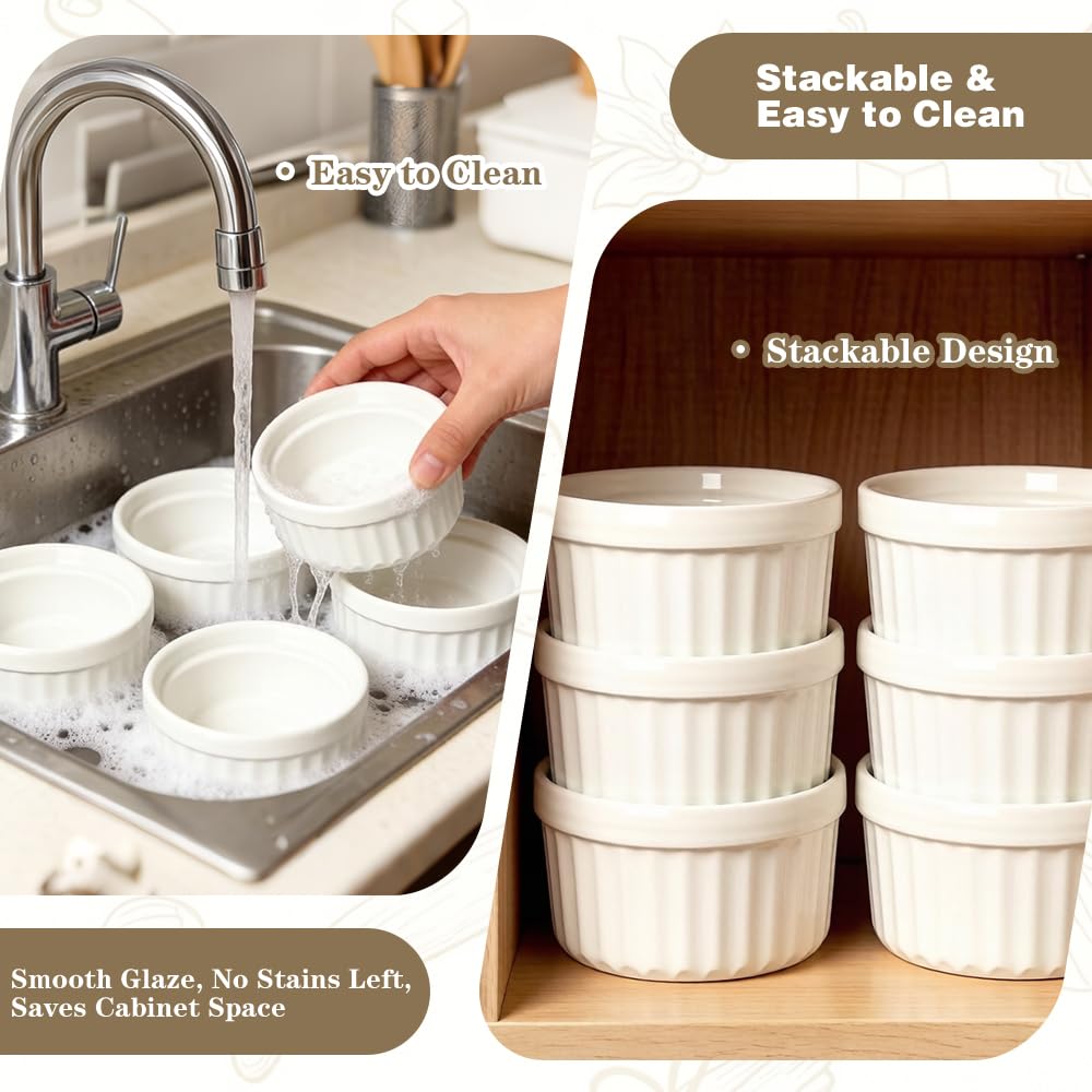 Rreme Brulee Ramekins 6OZ 8-piece Set Includes 8 Gold-Colored Stainless Steel Spoons，Ramekins Oven Safe，Suitable For Pudding Cups Dessert Cups Lce Cream Cup Reusable