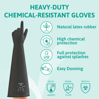 Ansell AlphaTec 87-108 Chemical Resistant Gloves in Latex with Long Cuff (61cm/24in), Heavy Duty Protection against Acids and Solvents, Reusable Rubber Latex Gloves, Black, Size L (1 Pair)