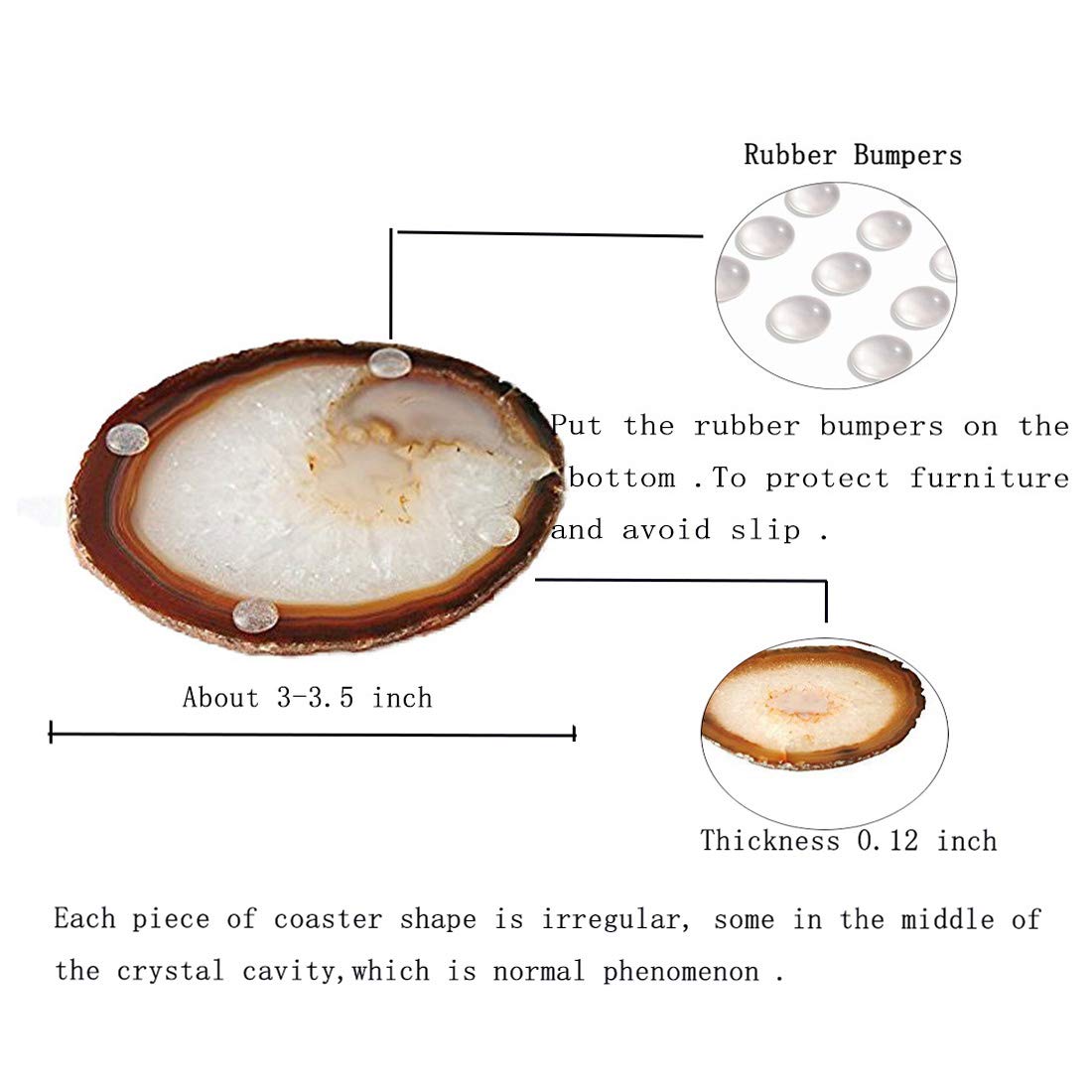 JIC Gem Natural Sliced Agate Coaster with Rubber Bumper Set of 4 (3-3.5", Natural)