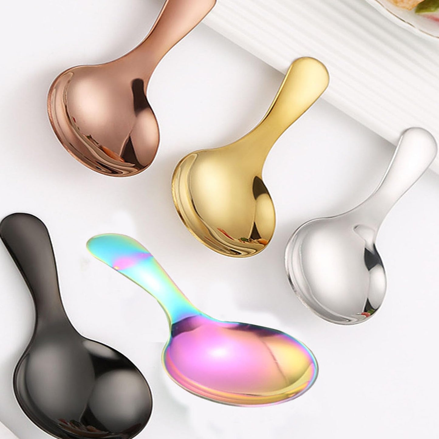 6 Pcs Stainless Steel Short Handle Thickened Small Round Spoons For Honey Candy Coffee Tea Salt Jam and Mustard - Ice Cream Dessert Spoon (F Rose Gold)
