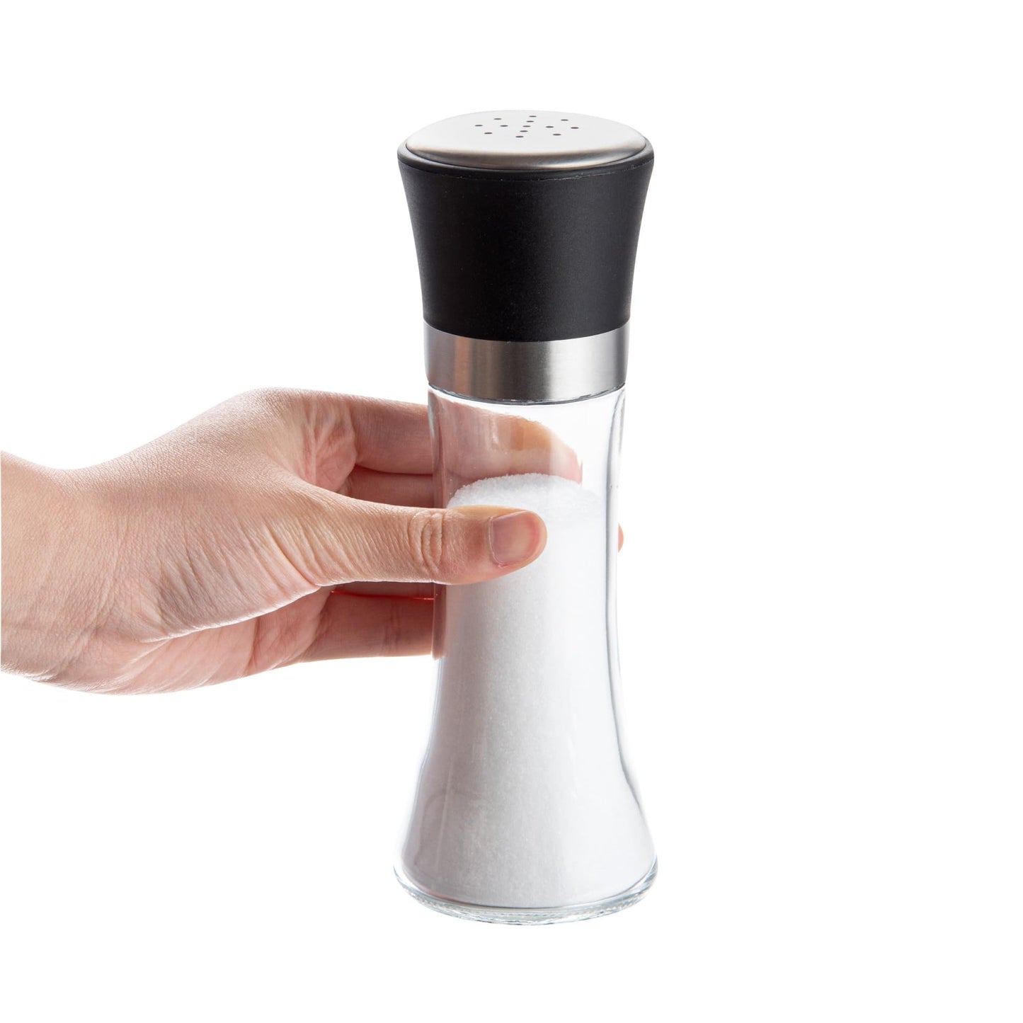 Restaurantware Vetri 6.3 Ounce Pepper Shaker, 1 Salt Shaker - Included Lid Cover, Clear Finish, Glass Spice Shaker, Refillable, Dishwashable