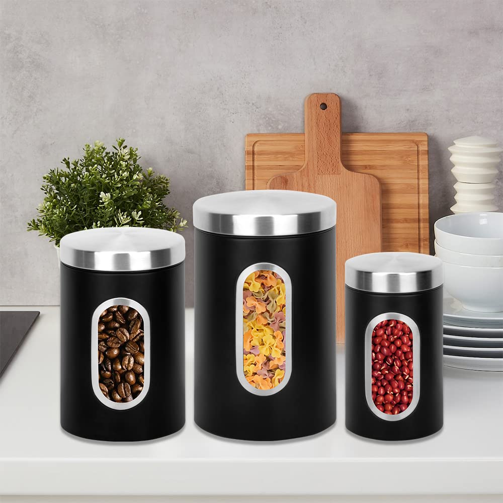 AEUNKIUO Black Kitchen Counter Canister set 3 pieces, 0.9/1.6/2.9 Quarts Stainless Steel Flour Sugar Tea Coffee Biscult Storage Containers with with Long Wood Spoon&Visible