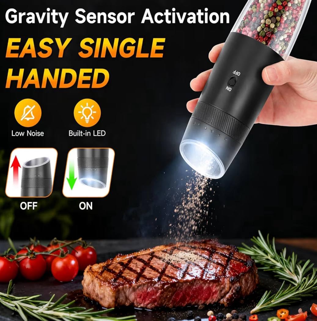 Electric Salt and Pepper Grinder Set 2 Pack, Rechargeable Automatic Gravity Grinder with USB Charging Base, One-Hand Operation, Adjustable Coarseness, LED Light, Black