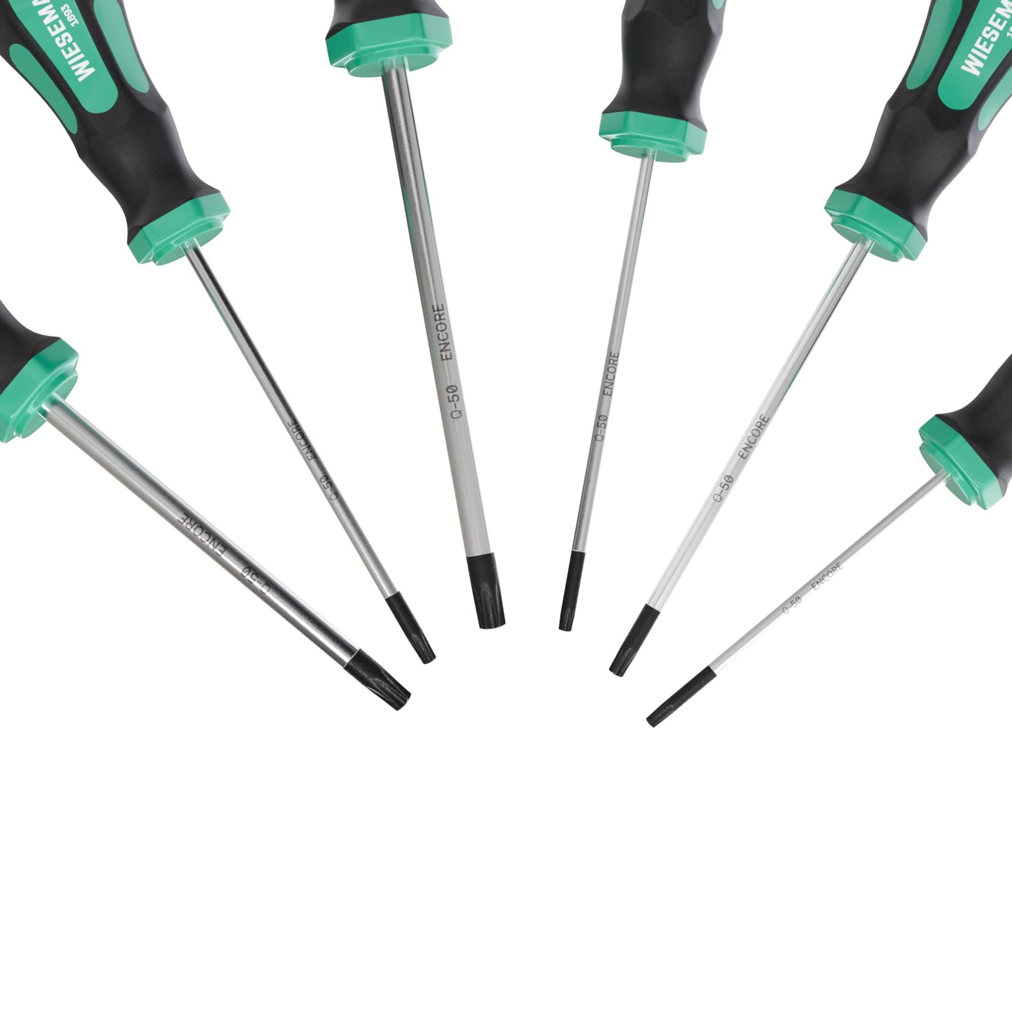 TX Screwdriver Set for Torx Screws 6 pcs. with Ensure tip Made of Q-50 Steel by WIESEMANN 1893 I T10, T15, T20, T25, T30, T40 I with Magnetic tip I 81147