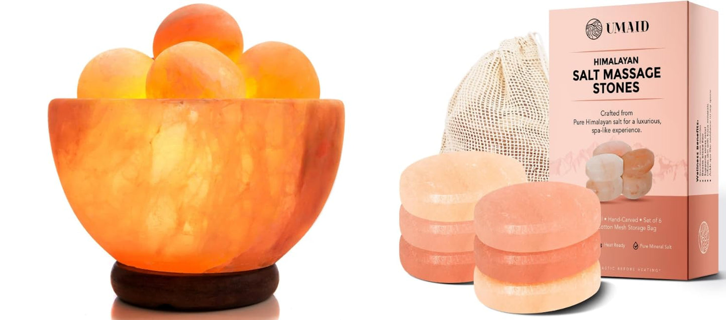 UMAID Himalayan Salt Massage Bowl Lamp with 6 Massage Balls and 6 Stones – Natural Spa Therapy Gift Set for Relaxation, Massage, and Wellness – Ideal Holiday Gift 2025