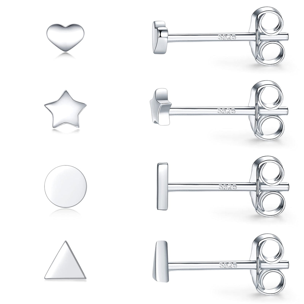 Sterling Silver Stud Earrings for Women Men- 4 Pairs of Hypoallergenic Simple Geometric Small Stud Earring Set Tiny Triangle Square Heart Star Stud Earrings Mini Cartilage Tragus Earrings, Silver