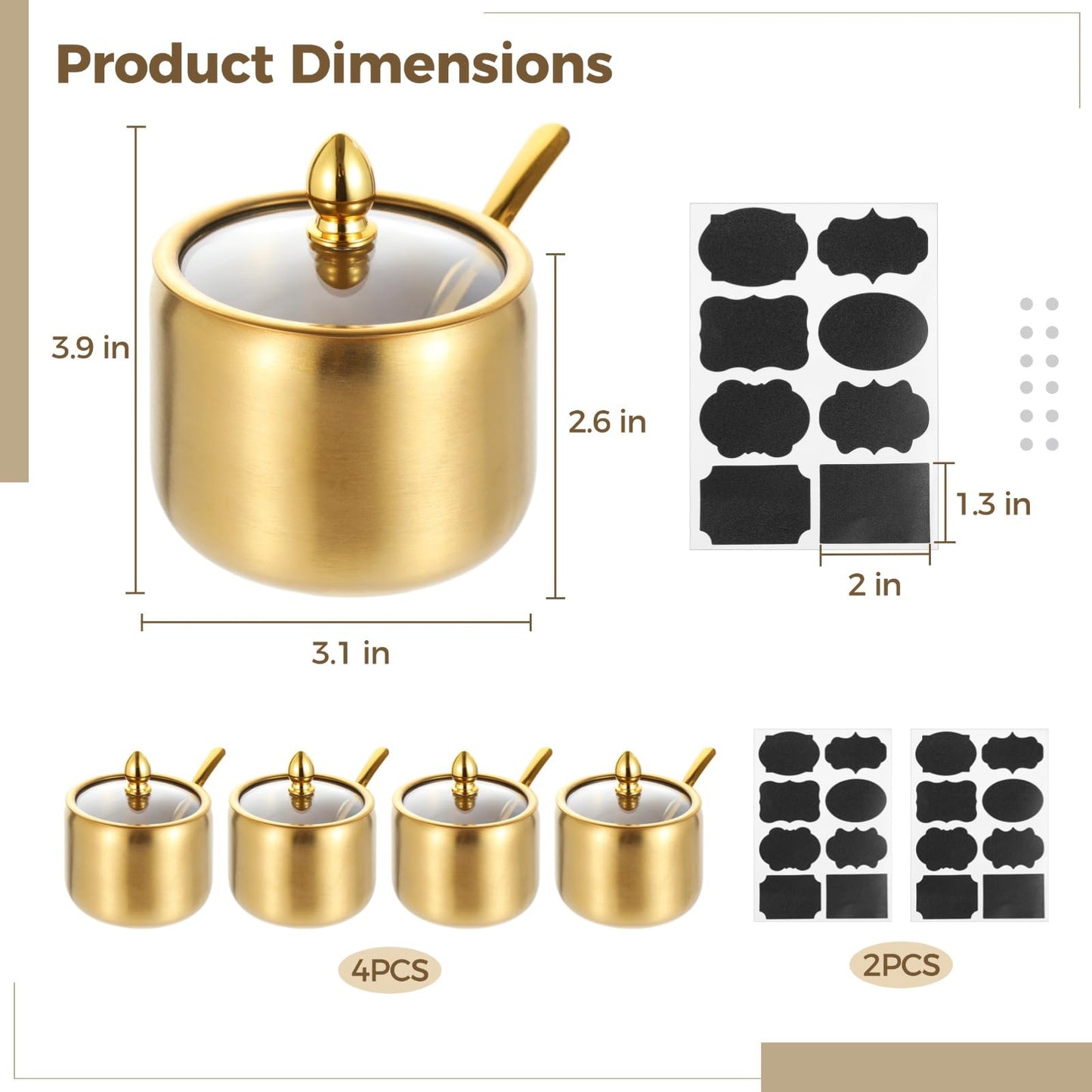 Homaisson 4 Sets Sugar Bowl with Lid And Spoon - 10 Oz Stainless Steel Sugar Container for Coffee Bar, Gold Spice Jar with Label Stickers, Small Condiment Container for Tea Pepper Herbs