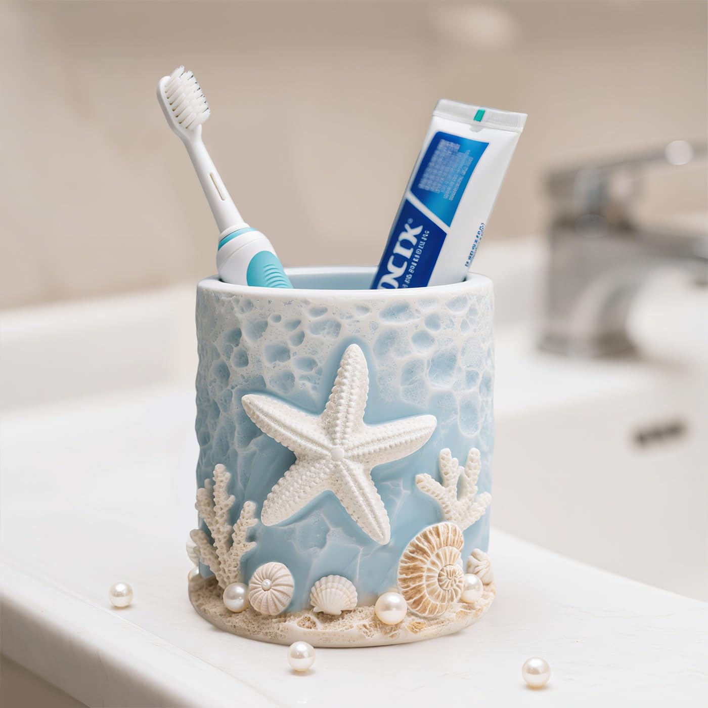 WAIT FLY Resin Starfish Toothbrush Holder, Toothbrush Organizer and Toothpaste Holder Beach Theme Bathroom Decor