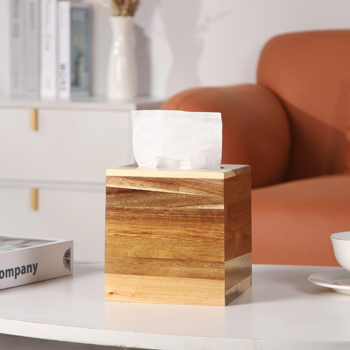 CATORY Tissue Box Cover, Acacia Wood Tissue Box Cover Square, Rustic Tissue Box Holder Covers Your Tissues, Decorative Tissue Cube Box Cover with Slide-Out Bottom
