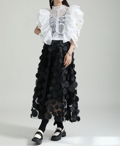 Tulle Skirt Women 3D Polka Dot Elastic Waist Mesh Flowy A-Line Midi Skirts Wedding Halloween Party Outfit (Black, One Size)