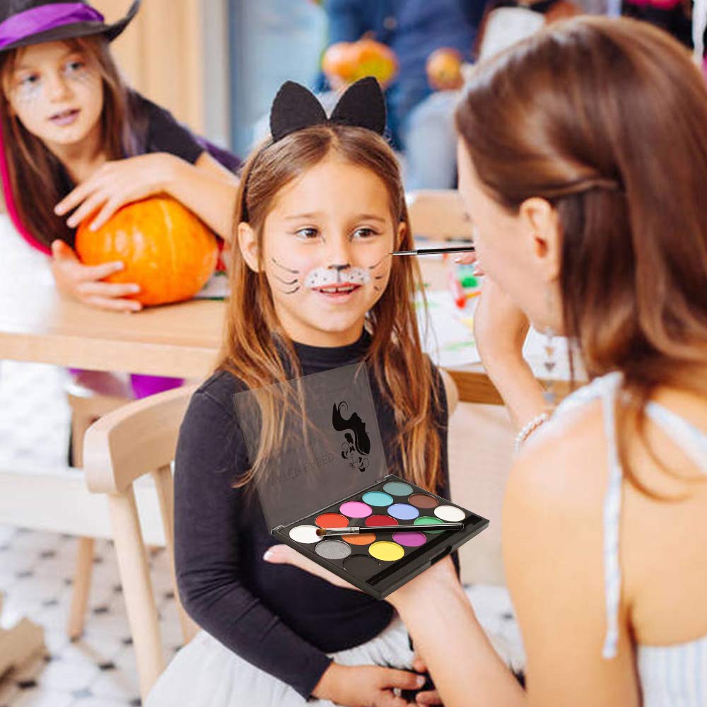 Senbos Face Paint Kit - 15 Vibrant Colors Non-Toxic Washable Makeup for Kids & Adults | Water-Based Halloween, Party, Cosplay | Includes 2 Brushes & Palette