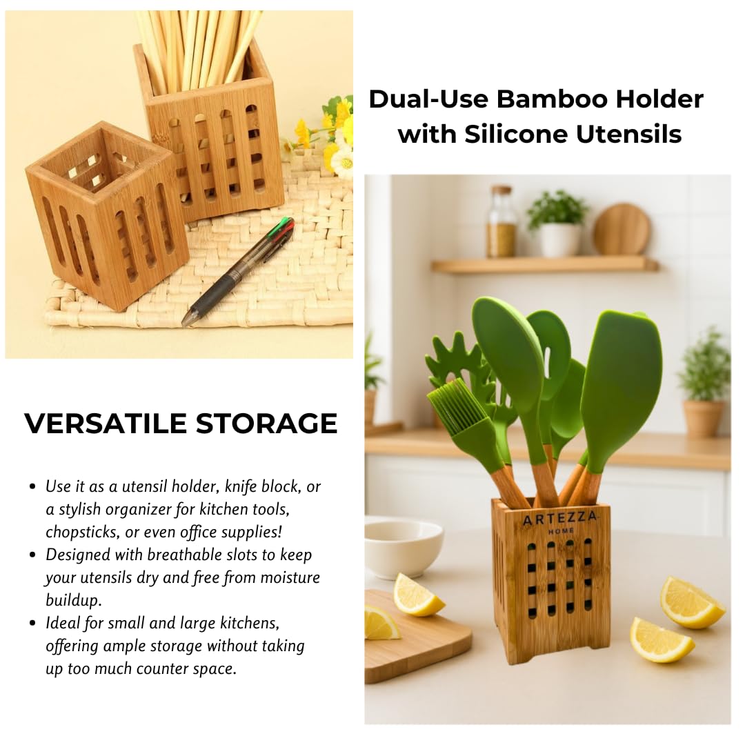 Green Silicone Kitchen Utensil Set – 10-Piece Cooking Tools with Wooden Handles & Ventilated Bamboo Holder, Heat-Resistant Silicone, Nonstick Safe, BPA-Free Kitchen Gadgets Set – Sage Green