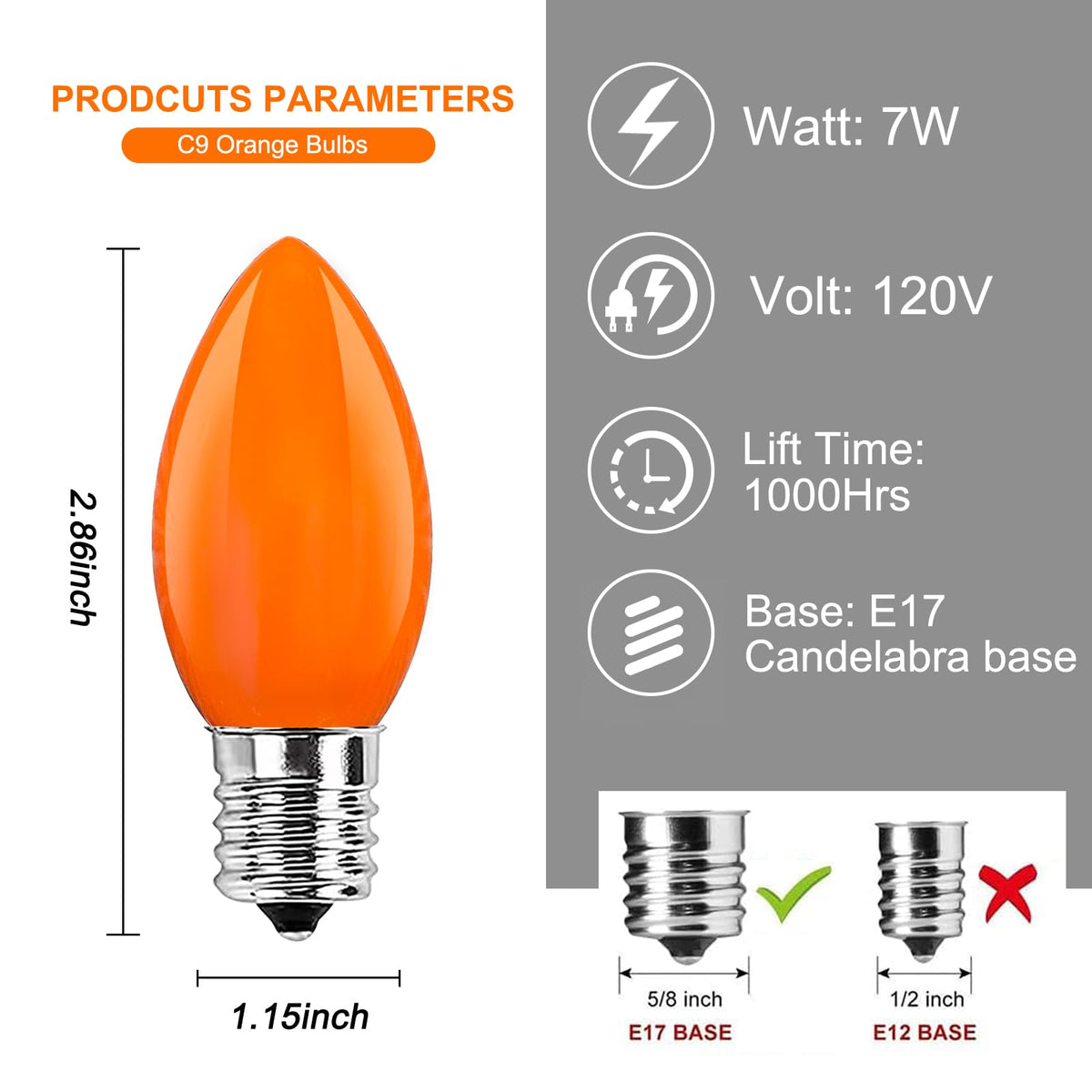 GOOTHY 25 Pack C9 Orange Halloween Replacement Light Bulb, C9 Orange Christmas Lights Bulbs for Halloween Outdoor Patio String Lights, E17 Intermediate Base Night Light Bulbs, 7 Watt, 120 Volt