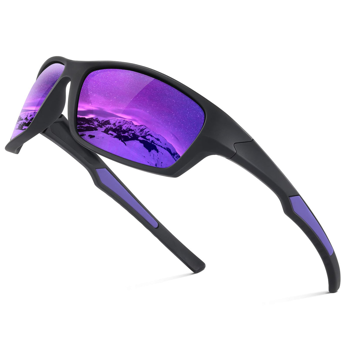 Fanshen Polarized Sunglasses for Men Women, Wrap Around Sunglasses for Mens Womens Cycling Fishing Running UV Protection (A06-Matte Black Frame Purple Lens)