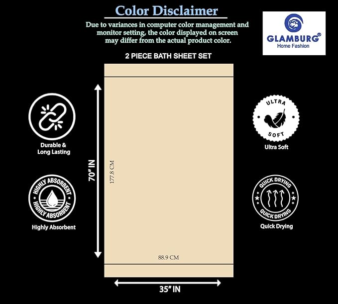 GLAMBURG Premium Cotton Oversized 2 Pack Bath Sheet 35x70-100% Pure Cotton