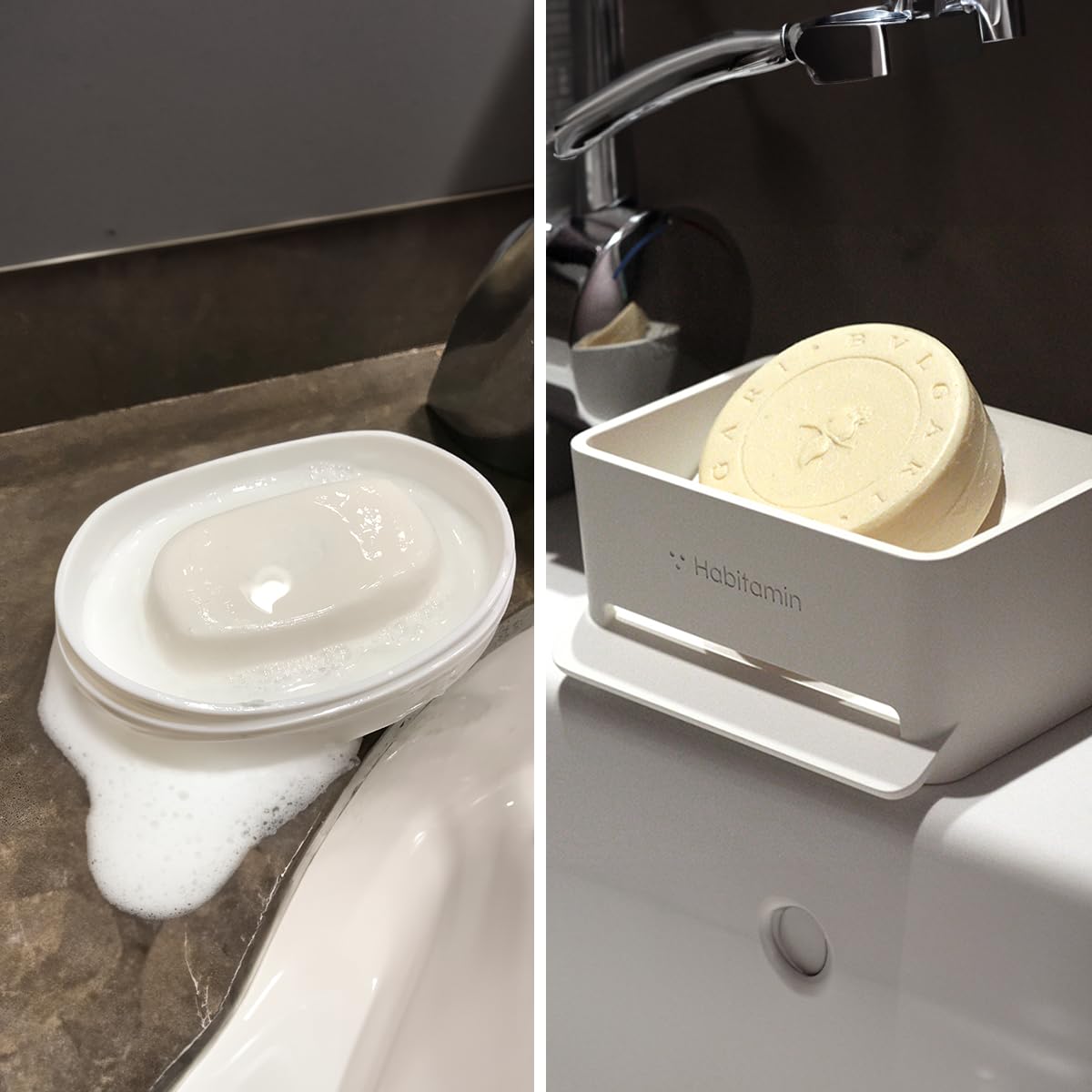 Habitamin Self-Draining Soap Dish – Fast Drying Soap Holder with 3 Suction Cups, Prevents Soap Melt & Water Buildup for Shower, Bathroom & Kitchen (Light Gray)