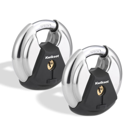 Kwikset Discus Padlock with Boron Carbide Shackle, High Security Outdoor Storage and Gate Lock, 2-3/4 in Body, 2 Pack Keyed Alike, Silver