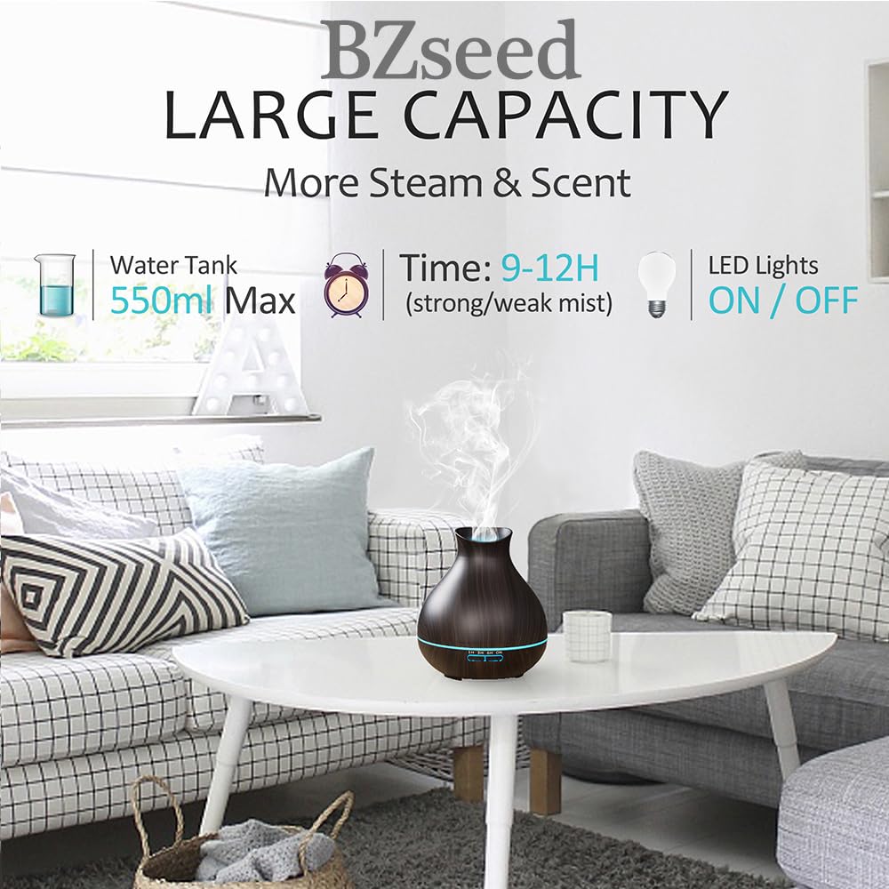 BZseed 550ml Essential Oil Diffuser，Ultrasonic Aroma Air Vaporizer with Timers,7 Colors Changing Lights for Large RoomHome, Baby Bedroom, Waterless Auto Shut-off(Dark Brown)