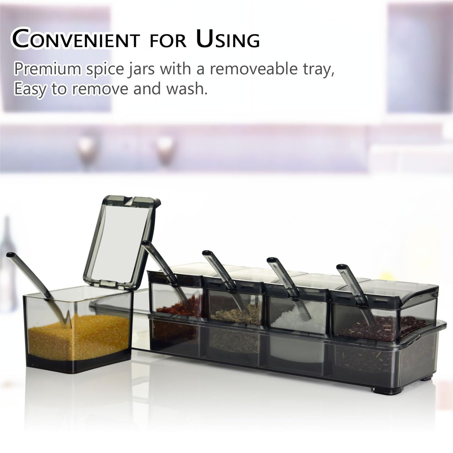 V·RESOURCING Clear Seasoning Box, 5 Pieces Clear Seasoning Storage Container for Spice Salt Sugar Cruet,Condiment Jars with Spoons