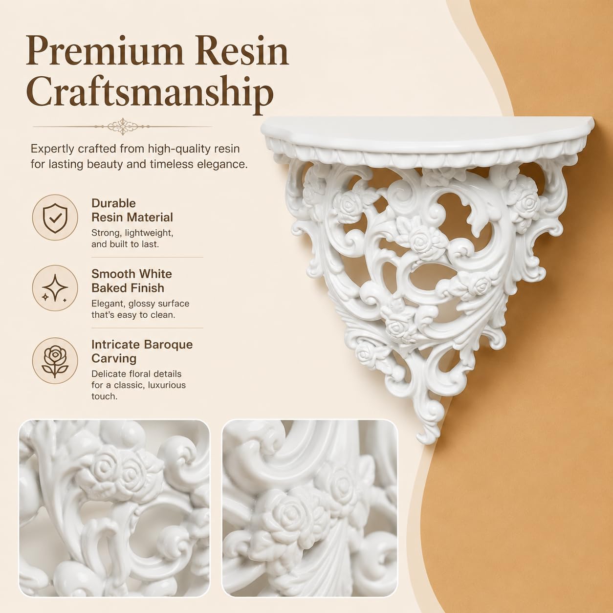 Z metnal Small Victorian Decorative Floating Shelves, Wall Mounted Decor Shelves, Classic Wall Display Organizer, Retro Hollow Carving Art Ornament Rack, Baroque Style Decorative Stand, White, Resin
