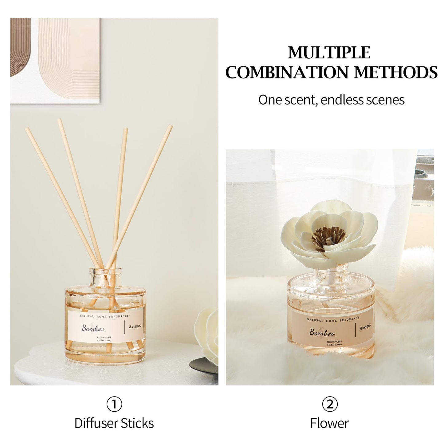 Aeeteek Reed Diffuser - Clean Bamboo Essential Oil Aroma for Home, Room Decor Aesthetic with Long-Lasting Fragrance, 4.06 fl oz (120 ml) Air Freshener for Office, Bathroom
