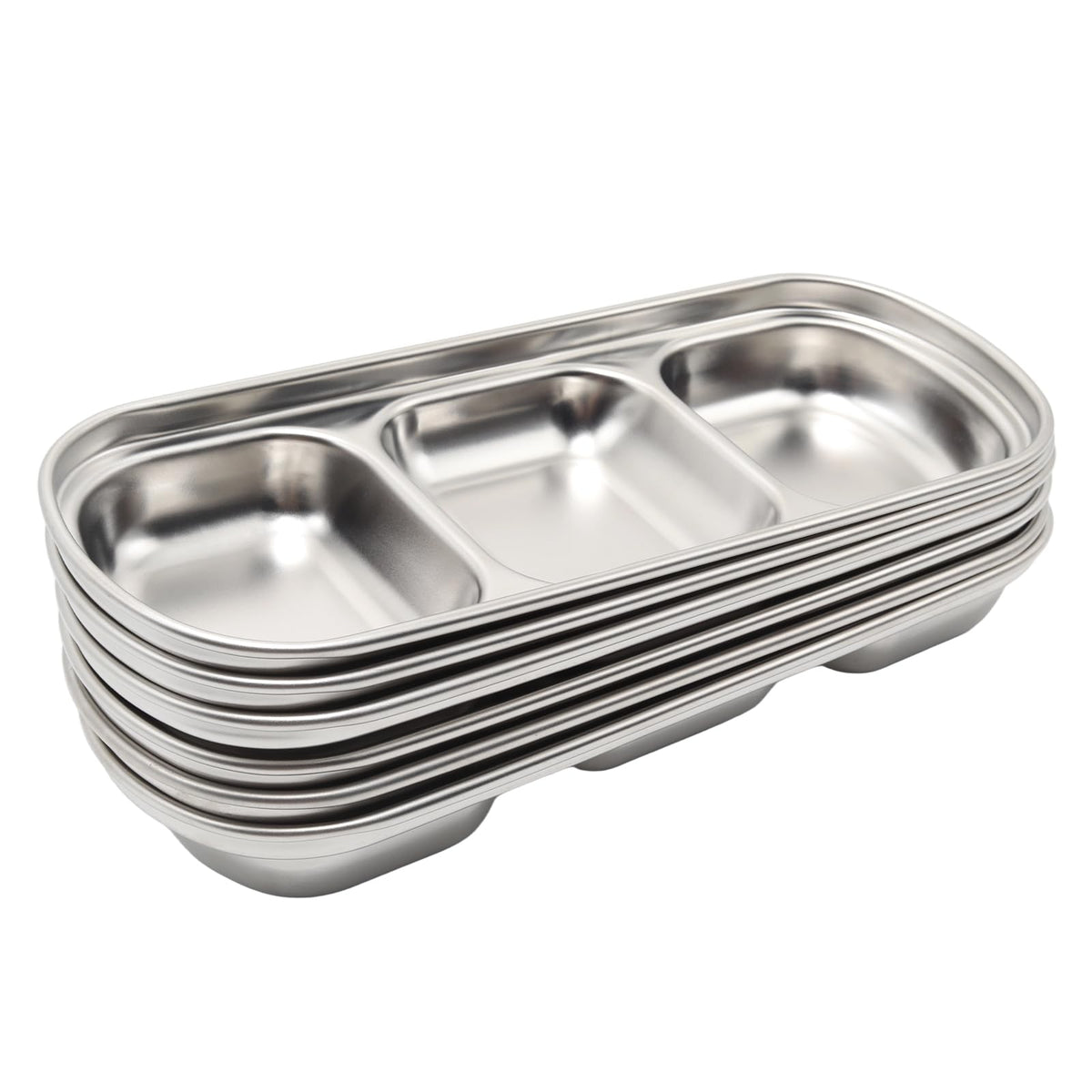 Mormchlots 6pcs 8inch Stainless Steel Divided Dip Bowls,Sauce Bowl Korean Ketchup Bowl,Compartment Condiment Tray for Home/Restaurant (Silver, Triple Dipping Bowl)
