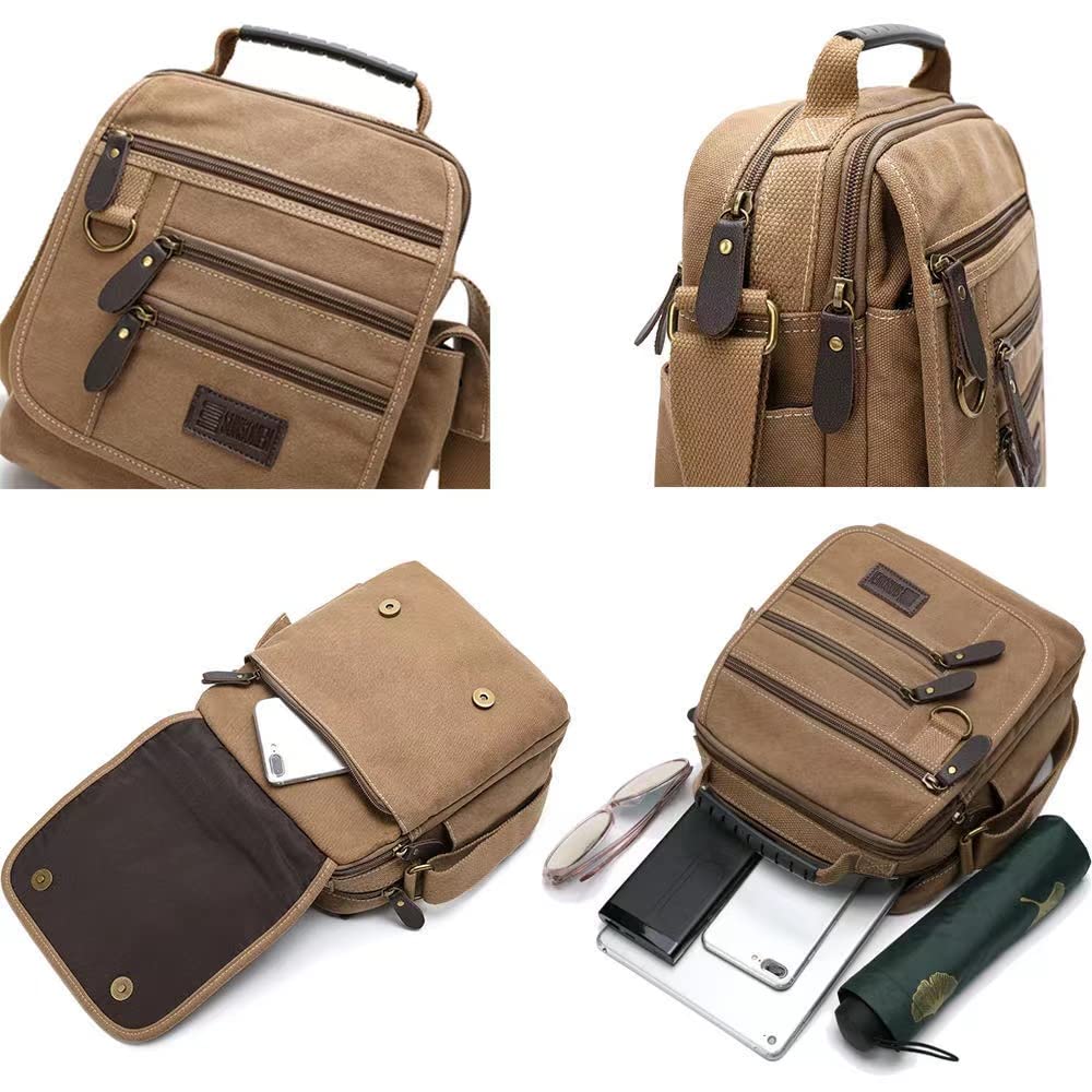 SUNSOMEN Mens bag Canvas Shoulder Bag Small Messenger Crossbody Work Bag Vintage Multi-function(Army green)
