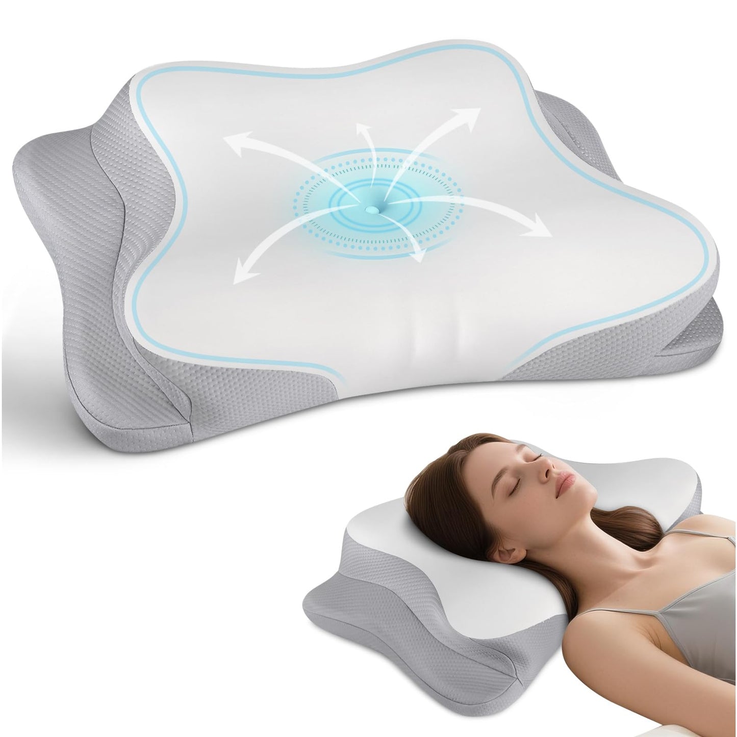 Cervical Neck Pillow for Pain Relief - Cooling Ergonomic Neck Support Pillow for Sleeping, Orthopedic Contour Memory Foam Pillows for Side, Back & Stomach Sleepers with Pillowcase (Grey)