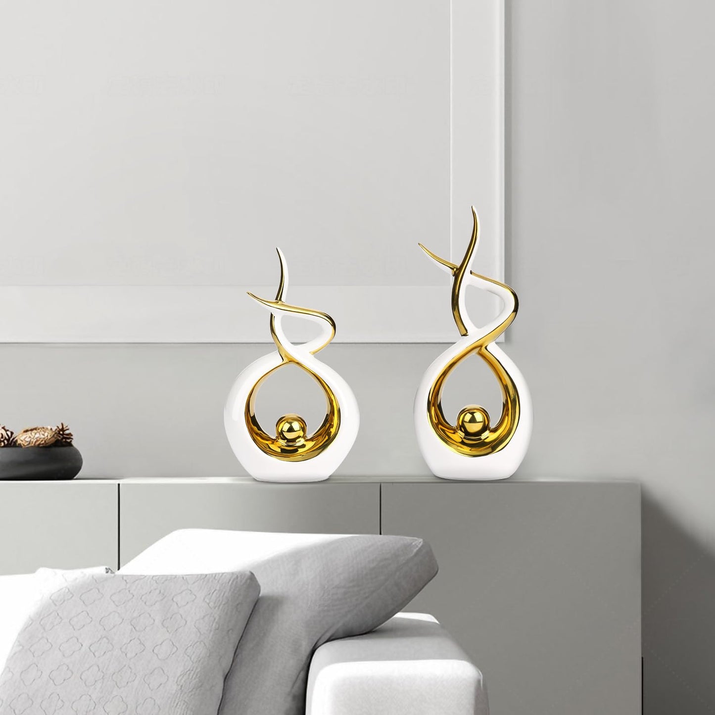 Querro Modern Abstract Ceramic Statue - Elegant White & Gold Decor for Home Living Room, Dining Table Centerpiece & Office Shelf | Luxury Aesthetic Sculpture (Large)