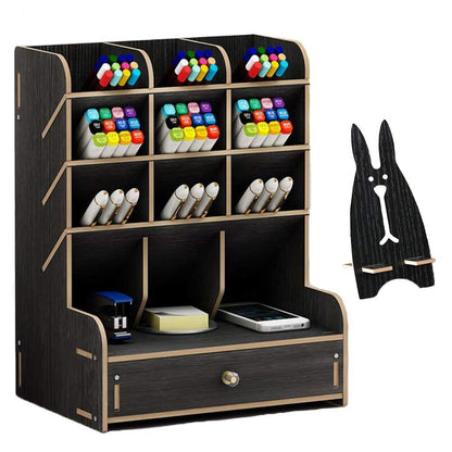 Marbrasse Wooden Desk Organizer, Multi-Functional DIY Pen Holder, Organizer for desk, Desktop Stationary, Easy Assembly, Home Office Art Supplies Storage with Drawer (B11-Black)