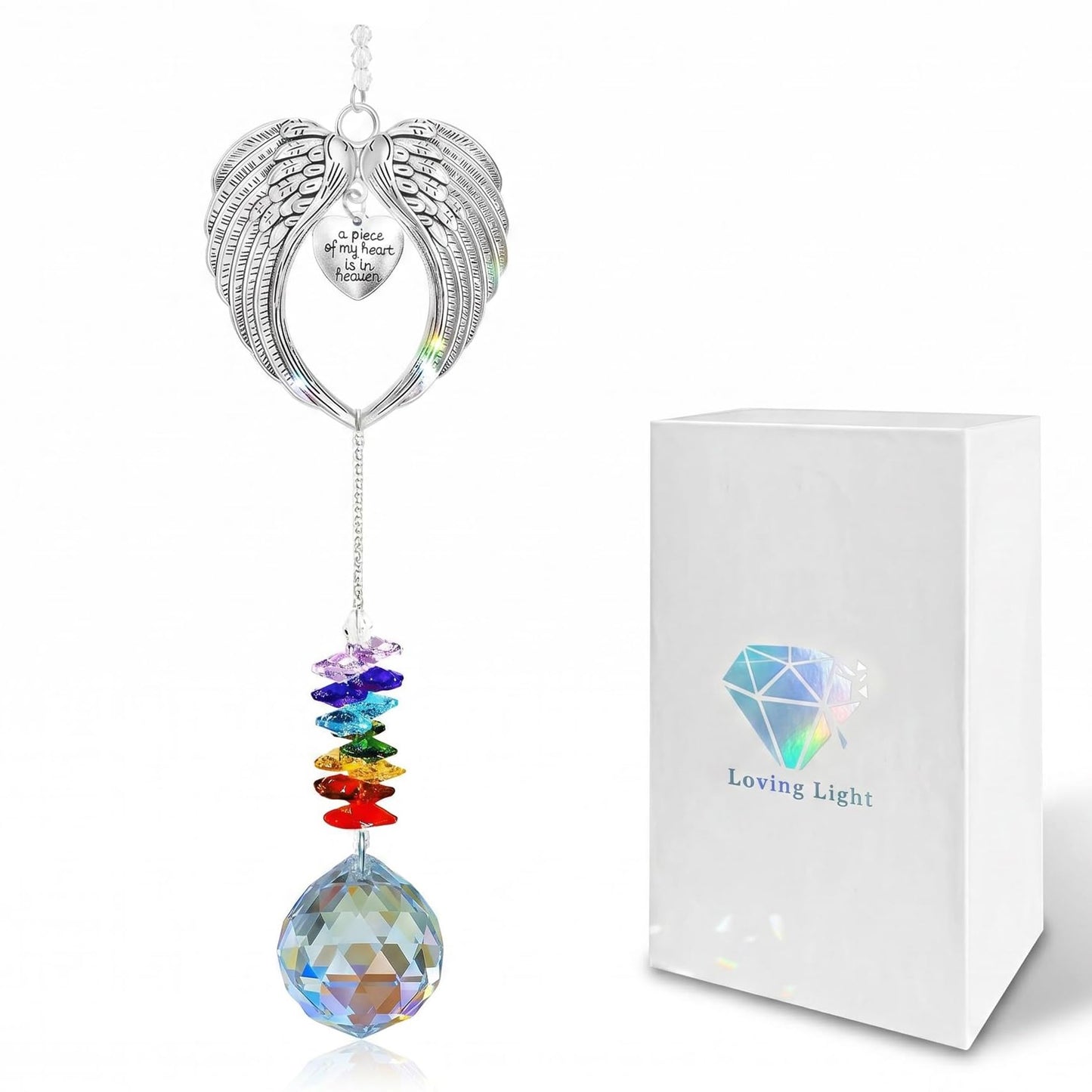 Memorial Suncatcher Angel Wings with Crystal Ball, “A Piece of My Heart is in Heaven” Sympathy Gift for Loss of Loved One or Pet, Bereavement Remembrance Hanging Decor for Window 18.5 Inch