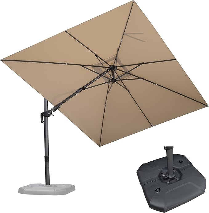 PURPLE LEAF 9' X 12' Right-left Tilt Patio Umbrella with Base Outdoor Cantilever Swivel Rectangle Umbrella Aluminum Offset Umbrella with 360-degree Rotation for Garden Deck Pool Patio Beige